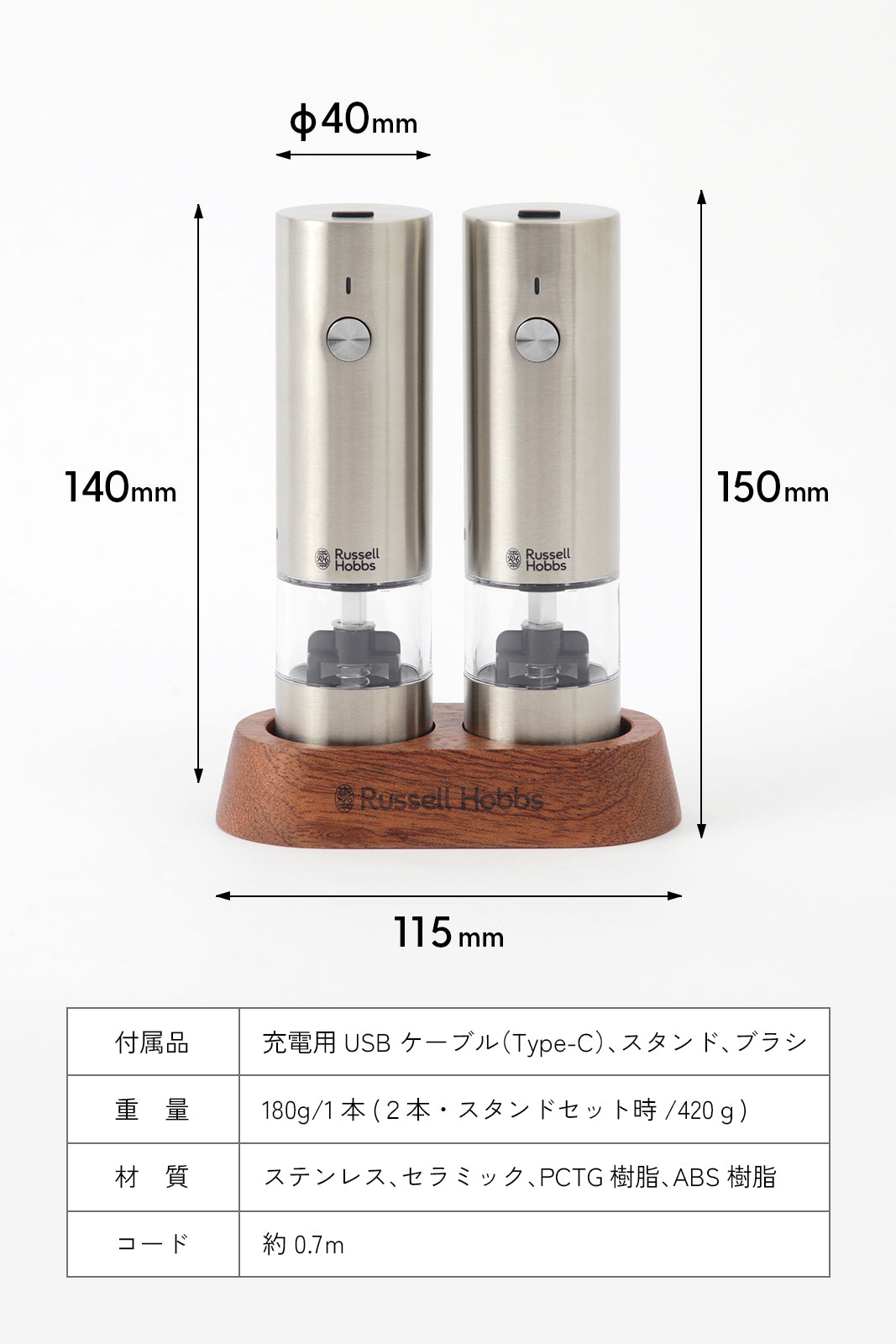 ラッセルホブス 充電式ソルト＆ペッパーミル - フライパン専門店 鐵兎堂-TETTODO-